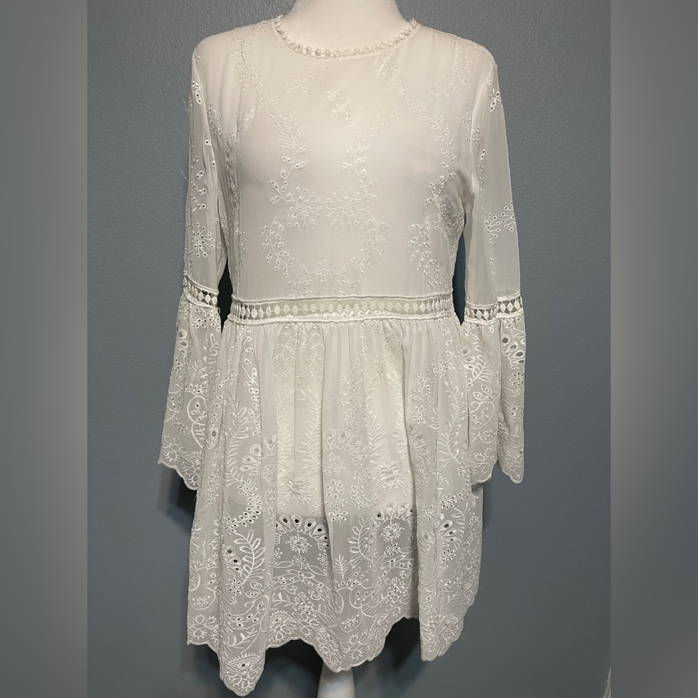 Zara Sheer White Eyelet Cutwork Babydoll Dress Bridal Cottagecore Boho Large - Picture 1 of 8